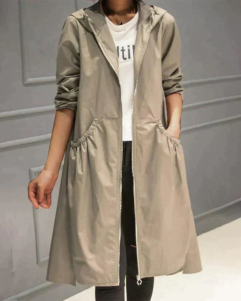 Abrigo Mujer Impermeable Hasta la Rodilla con Capucha y Cremallera – Chaqueta Casual Ligera y Cómoda 0