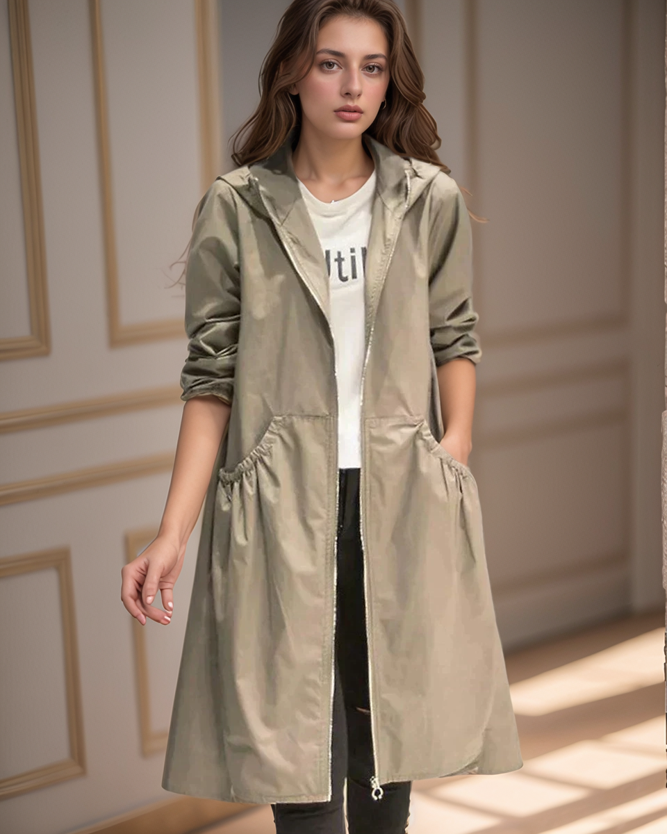 Abrigo Mujer Impermeable Hasta la Rodilla con Capucha y Cremallera – Chaqueta Casual Ligera y Cómoda 1