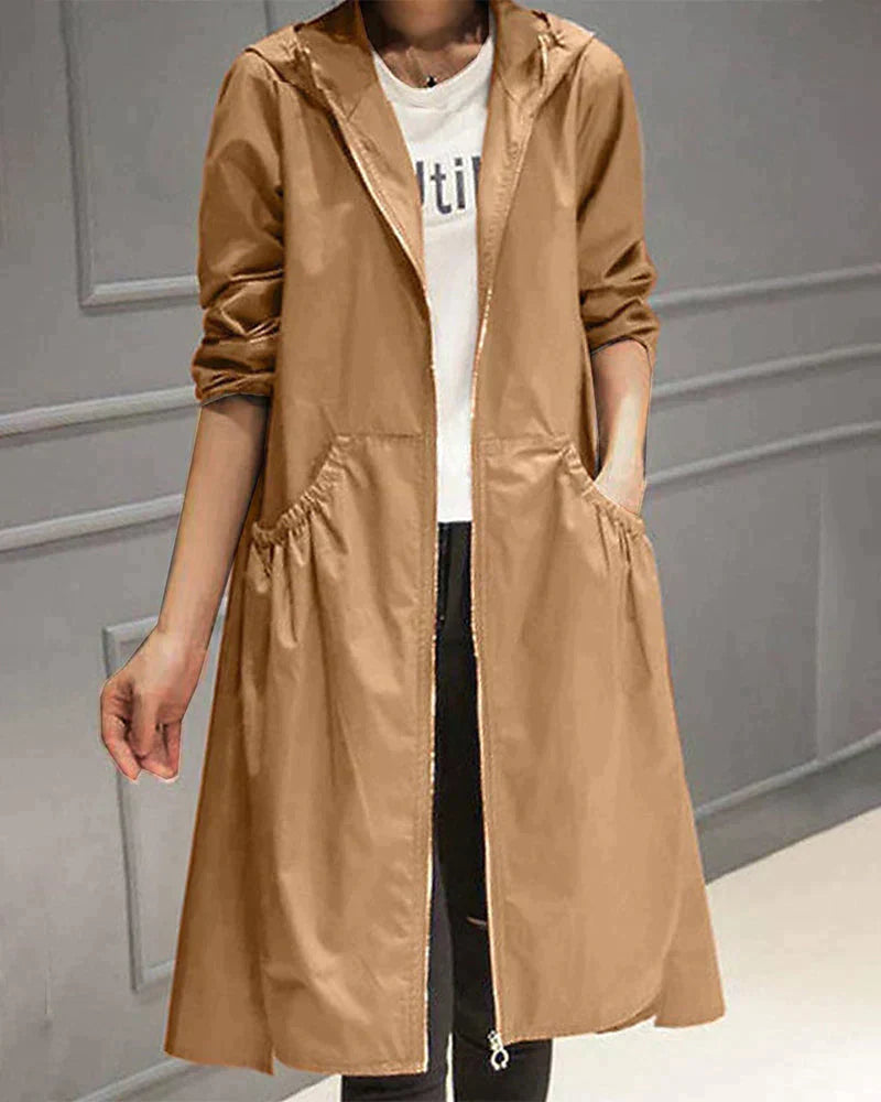 Abrigo Mujer Impermeable Hasta la Rodilla con Capucha y Cremallera – Chaqueta Casual Ligera y Cómoda 2