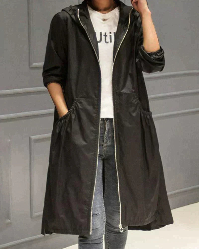 Abrigo Mujer Impermeable Hasta la Rodilla con Capucha y Cremallera – Chaqueta Casual Ligera y Cómoda 3