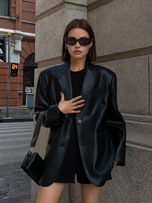 Blazer Mujer de PU Elegante con Bolsillos y Manga Larga – Estilo Atemporal y Versátil 0