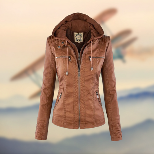 Chaqueta Mujer con Capucha de PU – Ajuste Entallado y Cuatro Bolsillos con Cremallera, Estilo Moderno y Funcionalidad Diaria 0