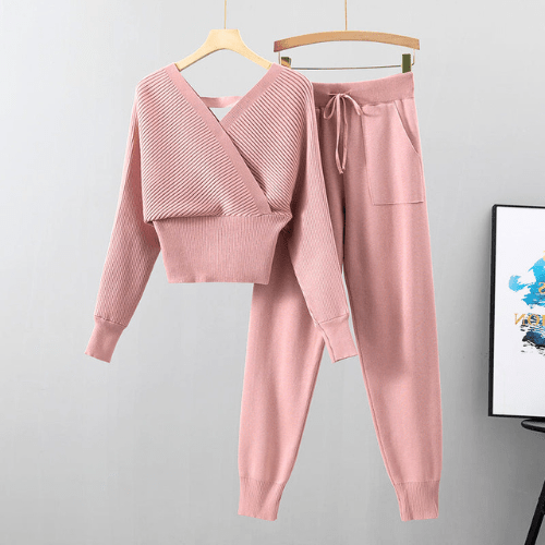 Conjunto Punto Mujer de 2 Piezas – Top Cruzado y Pantalones Cómodos para Estar en Casa, Diseño Moderno y Versátil 3