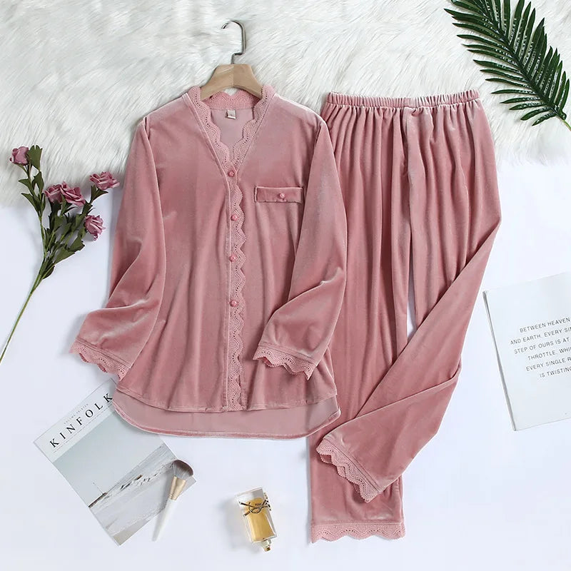 Conjunto de Pijama Sexy Mujer con Encaje y Pantalones Largos de Terciopelo – Ideal para Otoño e Invierno, Tallas M, L, XL 0