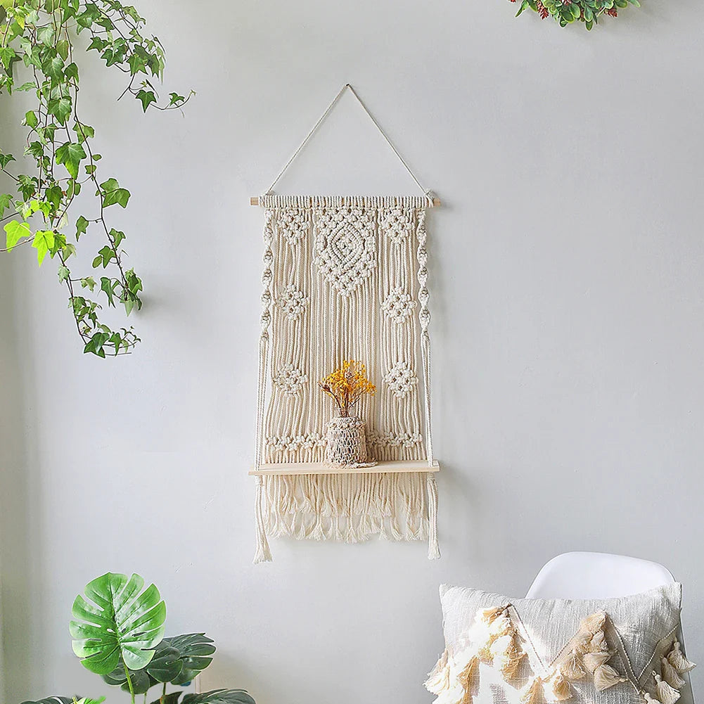 Estante de Pared de Macramé Hecho a Mano con Base de Madera – Estantería Boho para Plantas y Decoración 2