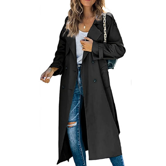 Gabardina Larga Elegante Mujer con Frente Cruzado y Puños Ajustables – Gabardina Negra Mujer para Ocasiones Chic 0