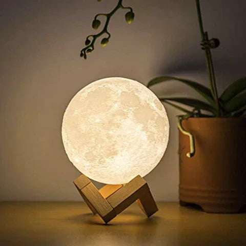 Lámpara Decorativa Lunar con Base de Madera Natural y Control Táctil – Luz Cálida para Decoración de Interiores 9
