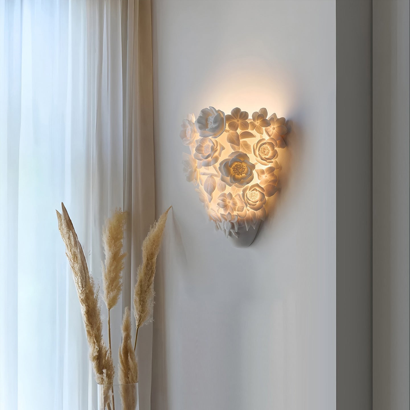 Lámpara de pared de cerámica con flores, elegante luz de noche para dormitorio y salón, luz cálida 3000K, 35 cm 1