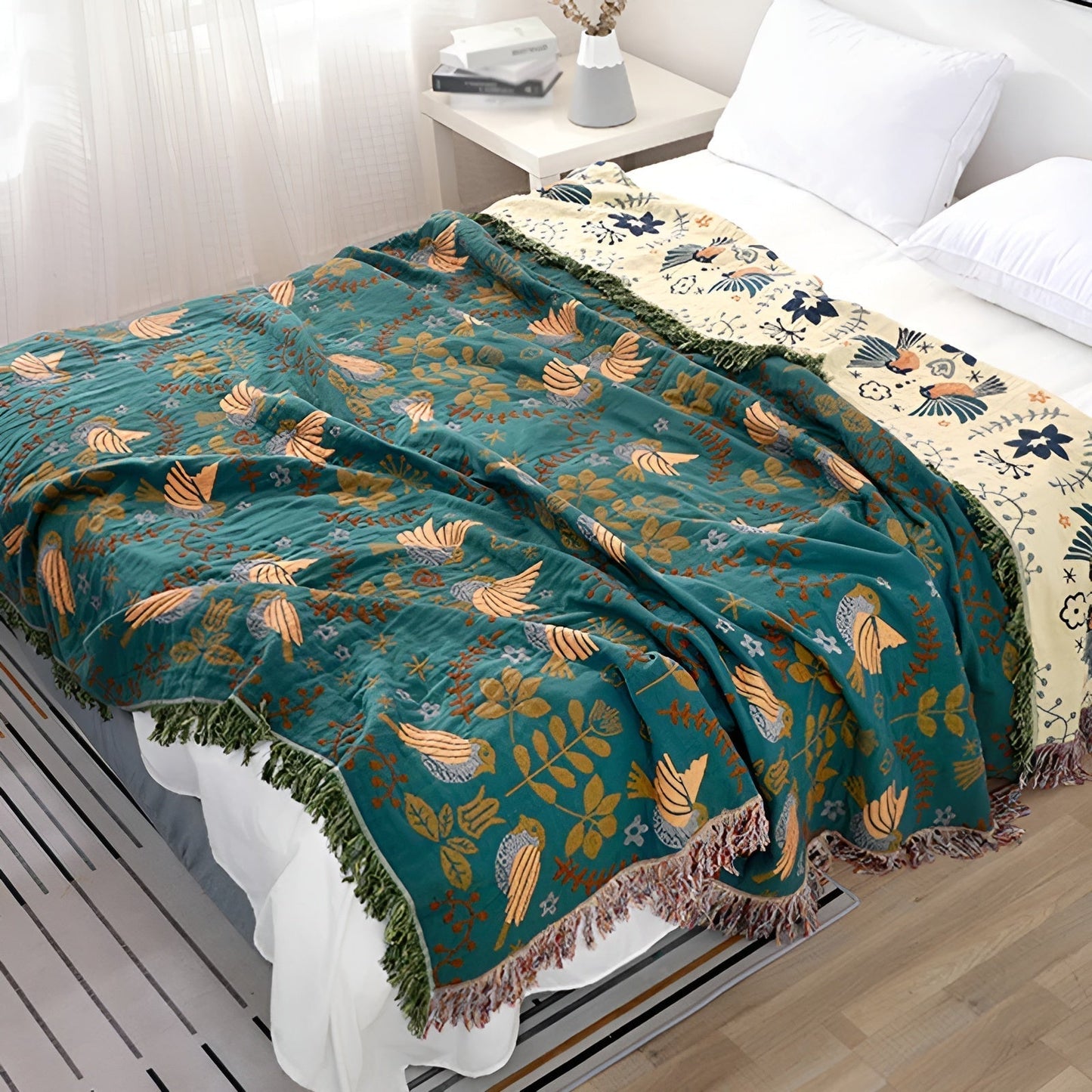 Manta Reversible de Algodón 100% con Bordados de Pájaros y Flores – Diseño Elegante y Versátil, 150 x 200 cm, Verde 0