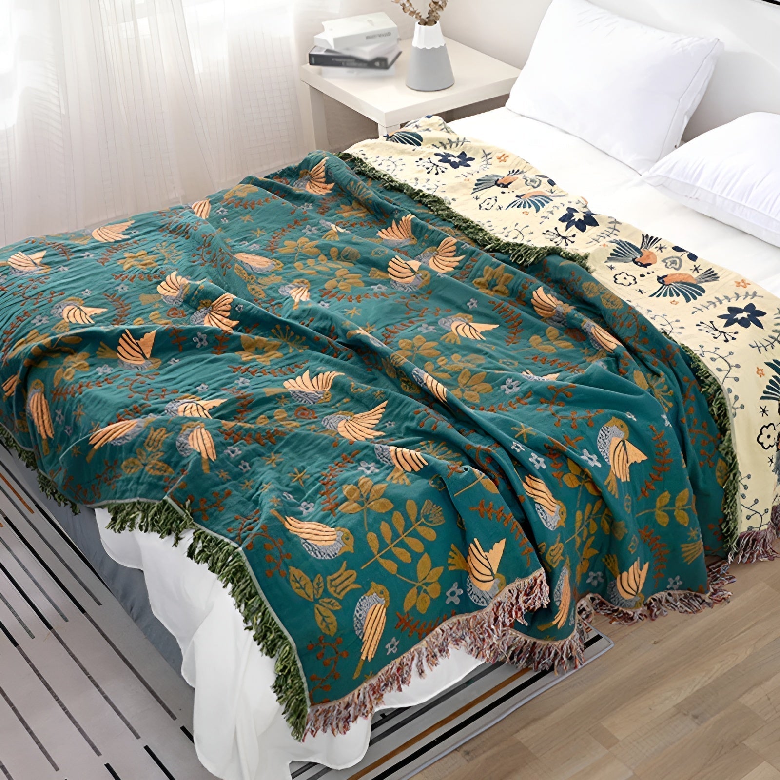 Manta Reversible de Algodón 100% con Bordados de Pájaros y Flores – Diseño Elegante y Versátil, 150 x 200 cm, Verde 0