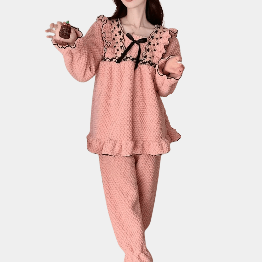 Pijama Mujer Rosa con Detalles de Volantes, Conjunto de Pijamas de Mujer Suave y Cálido para Invierno, Ropa de Dormir Elegante 3