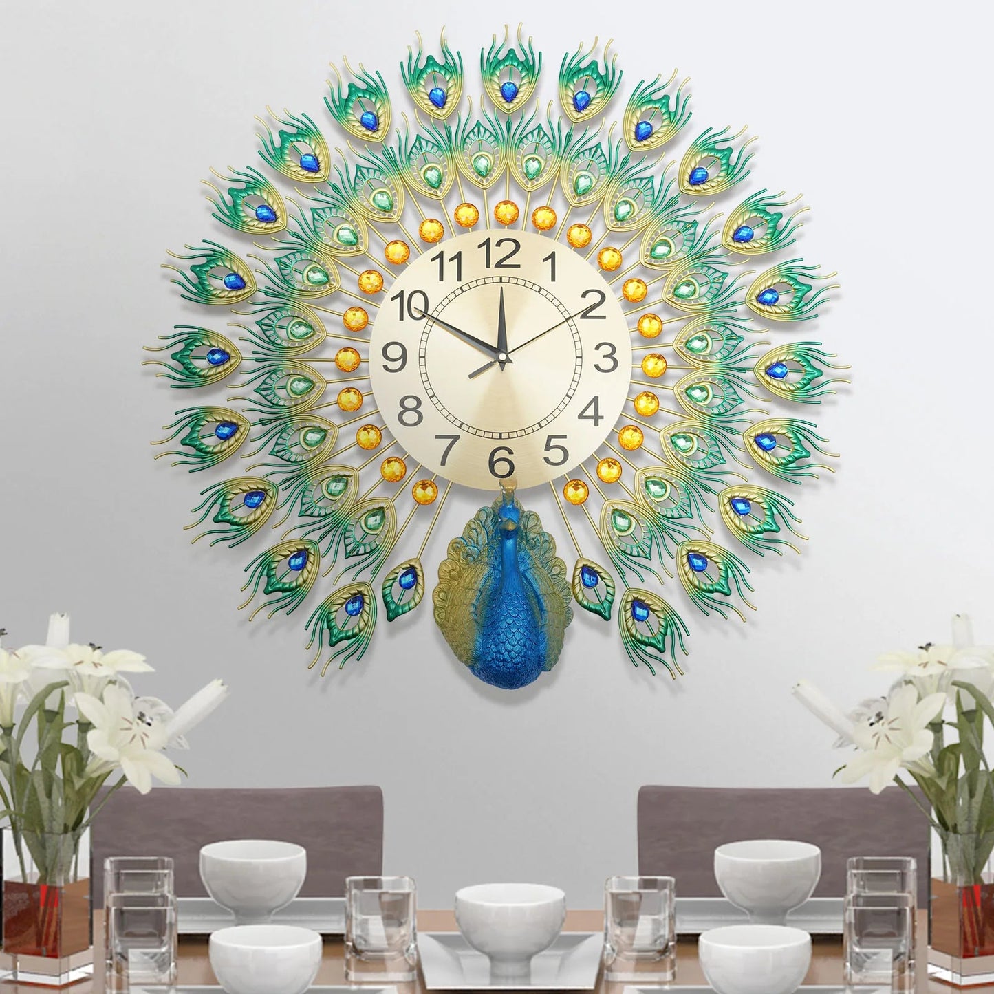 Reloj de Pared Grande Artístico con Diseño de Pavo Real – Decoración Elegante y Silenciosa para el Hogar 2