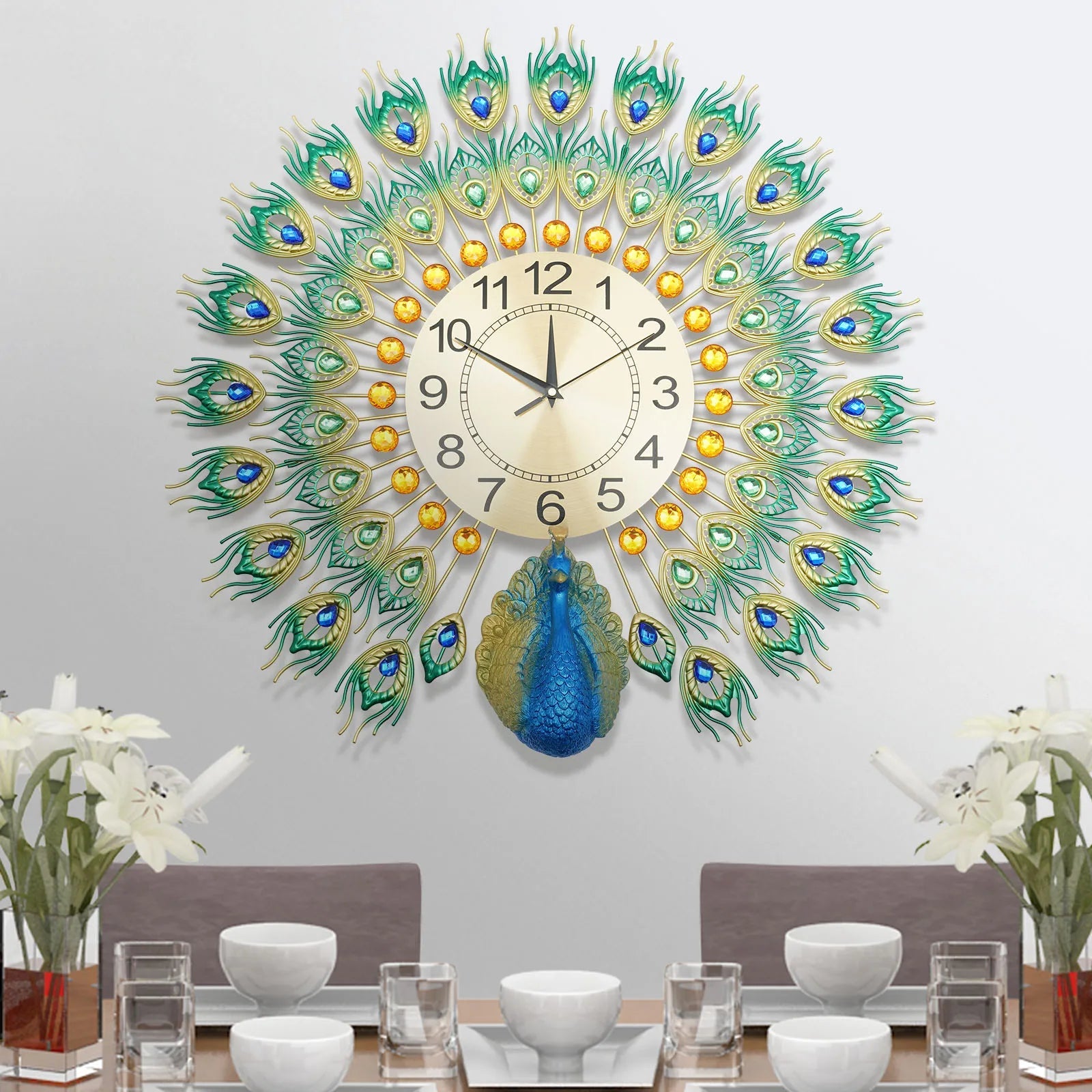 Reloj de Pared Grande Artístico con Diseño de Pavo Real – Decoración Elegante y Silenciosa para el Hogar 2