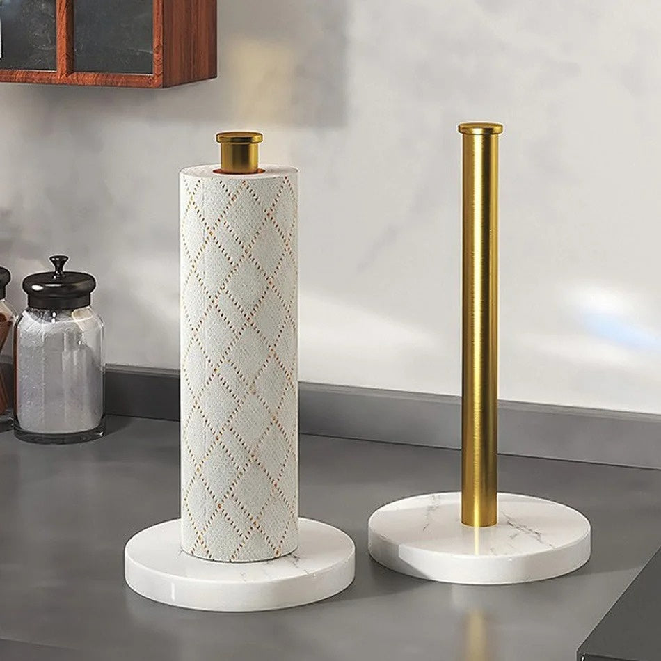 Soporte de Rollo de Cocina de Mármol y Oro – Diseño Elegante para Rollos Jumbo y Estándar, Base Antideslizante y Compacta 0