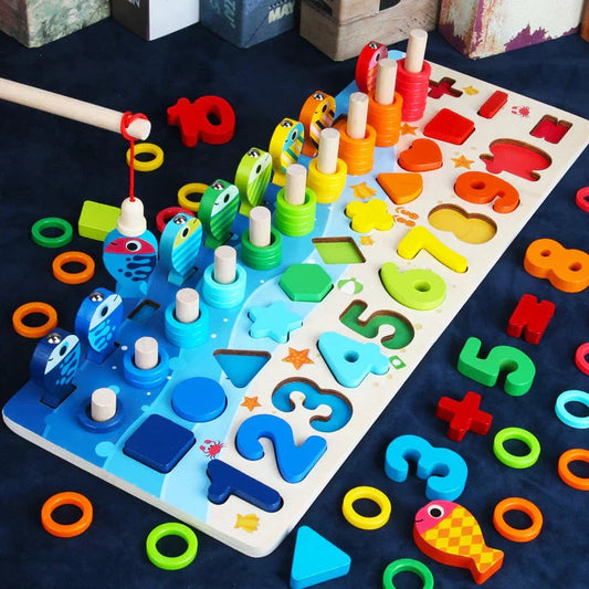 Tablero Educativo de Madera Montessori Multicolor con Rompecabezas y Pescado Magnético para Desarrollo Infantil 0