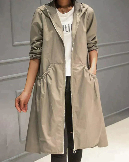 Abrigo Mujer Impermeable Hasta la Rodilla con Capucha y Cremallera – Chaqueta Casual Ligera y Cómoda 0