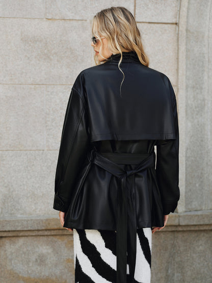 Abrigo de PU con Cinturón y Cuello Alto para Mujer - Prenda Cálida y Elegante en Poliéster y Algodón 5