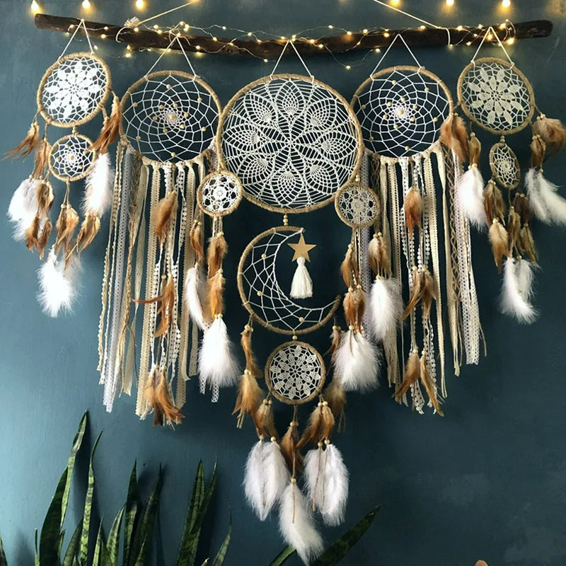 Atrapasueños de Macramé con Motivo de Luna y Estrella – Decoración Artesanal para Dormitorio 20x70 cm 0