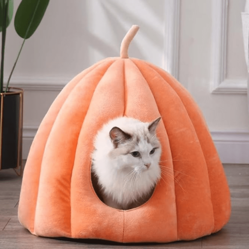 Cama Cerrada para Gatos en Forma de Calabaza, Acogedora y Lavable para Invierno, Ideal para Interiores 3