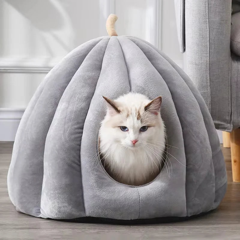 Cama Cerrada para Gatos en Forma de Calabaza, Acogedora y Lavable para Invierno, Ideal para Interiores 5