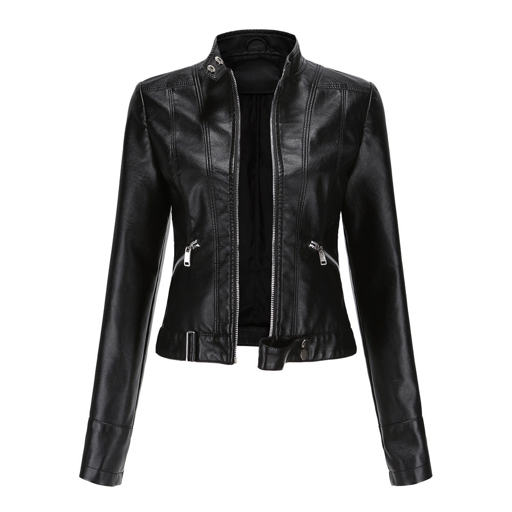 Chaqueta de Mujer Elegante de PU con Cuello Alto y Cinturón – Chaqueta de Cuero Mujer Ideal para Ocasiones Especiales 0