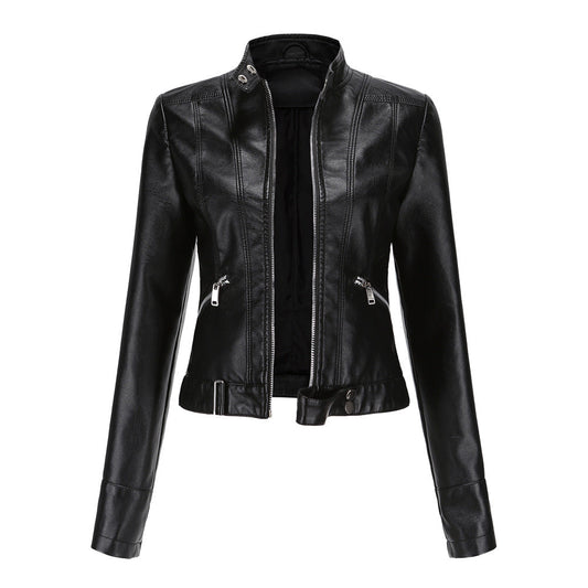 Chaqueta de Mujer Elegante de PU con Cuello Alto y Cinturón – Chaqueta de Cuero Mujer Ideal para Ocasiones Especiales 0