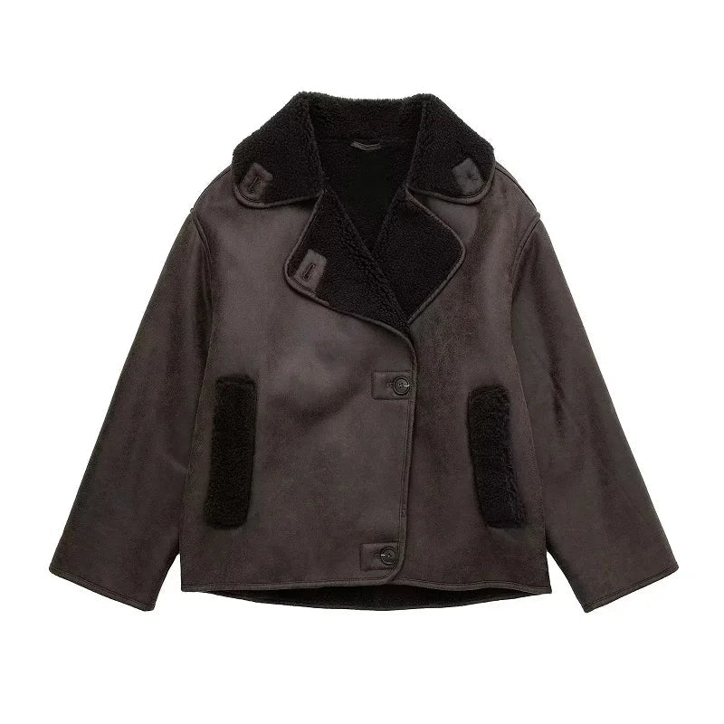 Chaqueta de Mujer de Invierno con Forro de Felpa y Cuello Ancho – Abrigo Elegante y Cálido para Otoño e Invierno 0