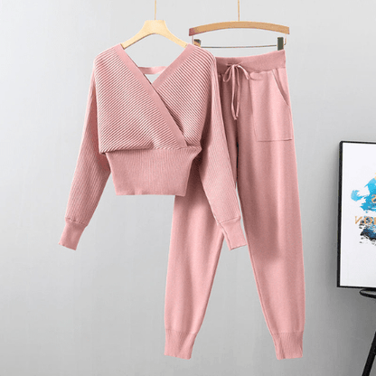 Conjunto Punto Mujer de 2 Piezas – Top Cruzado y Pantalones Cómodos para Estar en Casa, Diseño Moderno y Versátil 3