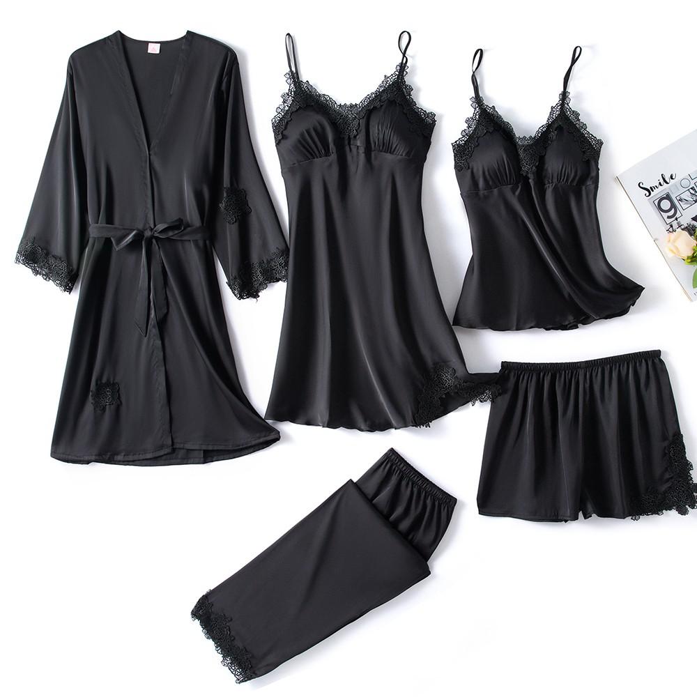 Conjunto de Pijamas de Mujer de Satén Negro de 5 Piezas con Encaje – Ropa de Dormir Elegante y Cómoda 0