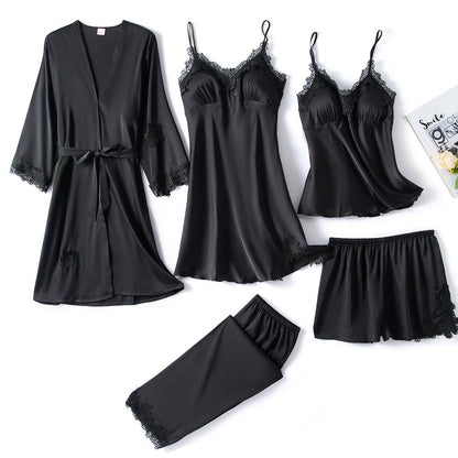 Conjunto de Pijamas de Mujer de Satén Negro de 5 Piezas con Encaje – Ropa de Dormir Elegante y Cómoda 0