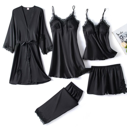 Conjunto de Pijamas de Mujer de Satén Negro de 5 Piezas con Encaje – Ropa de Dormir Elegante y Cómoda 0