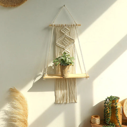 Estante de Pared de Macramé Hecho a Mano con Base de Madera – Estantería Boho para Plantas y Decoración 0