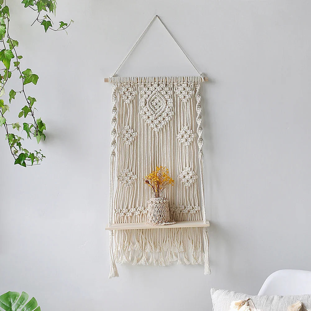 Estante de Pared de Macramé Hecho a Mano con Base de Madera – Estantería Boho para Plantas y Decoración 6