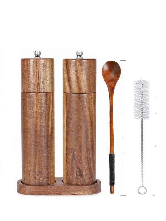 Juego de Molinos de Sal y Pimienta de Madera Elegante con Bandeja – 8 Pulgadas, Diseño Sofisticado y Práctico 0