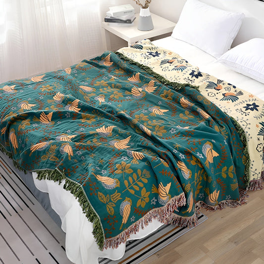 Manta Reversible de Algodón 100% con Bordados de Pájaros y Flores – Diseño Elegante y Versátil, 150 x 200 cm, Verde 0