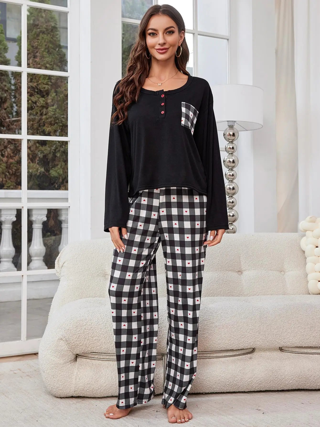 Pijama de Mujer a Cuadros con Mangas Largas y Botones – Conjunto Ideal para Otoño e Invierno, Comodidad y Estilo 2